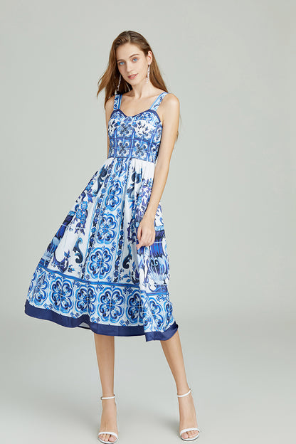 Blue & White Porcelain Retro High Waist Midi Dress