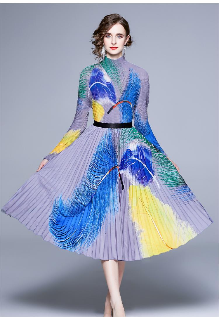 New Print Multicolor Feather Pleated Skirt Set Two Pieces