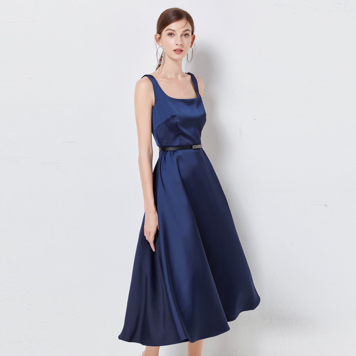 Navy Blue Sleeveless Elegant Satin Dress with Belt