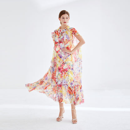 Sleeveless Lace Up Ruffled Floral Midi Dress