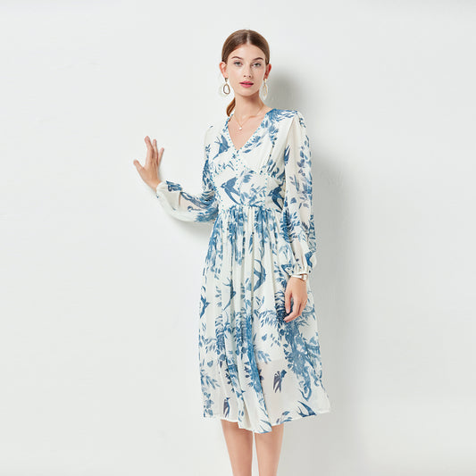 New French Style V neck Luxury Blue Chiffon Midi Dress