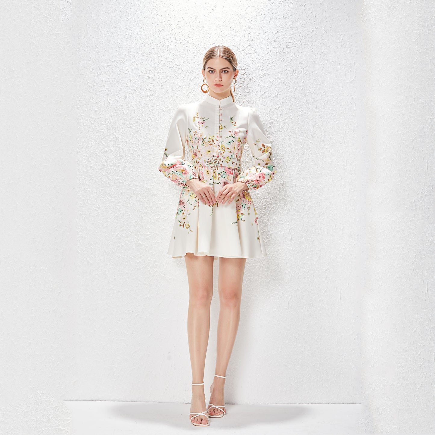 Elegant Stand Collar Lantern Sleeve Floral Mini Dress