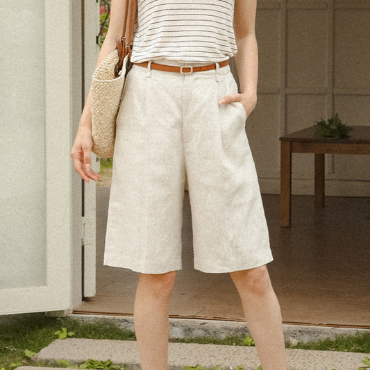 Cotton Linen Cropped High Waist Slimming Bermuda Shorts