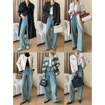 French Fashionable Letters Early Autumn Special Washed Straight Jeans Slim Wide Leg Pants