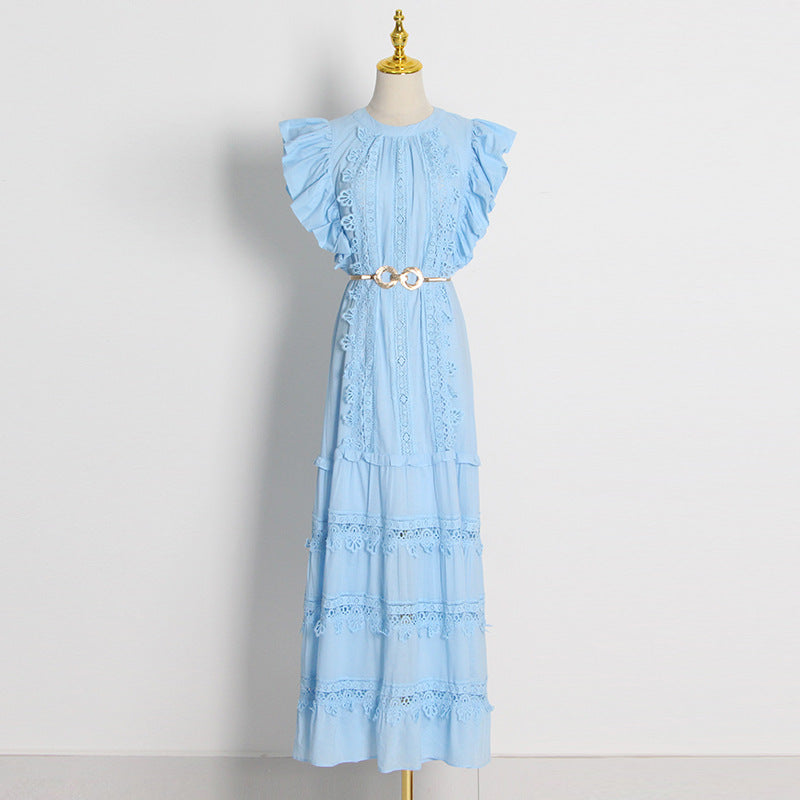 Elegant Embroidered Round Neck Ruffled Maxi Dress