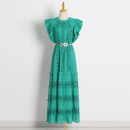 Elegant Embroidered Round Neck Ruffled Maxi Dress