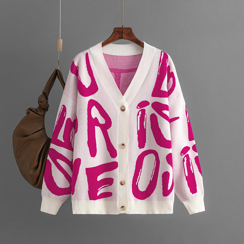 Letter Graphic Brocade Sweater Cardigan