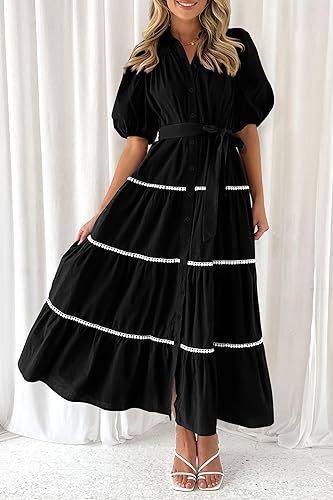 Black Bubble Sleeve Layered Lace Pleated Maxi Dress