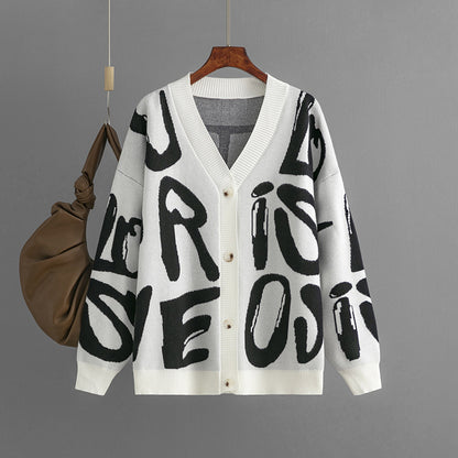 Letter Graphic Brocade Sweater Cardigan