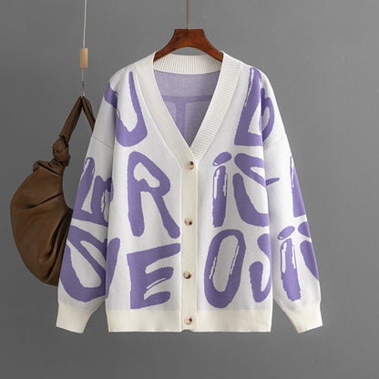 Letter Graphic Brocade Sweater Cardigan