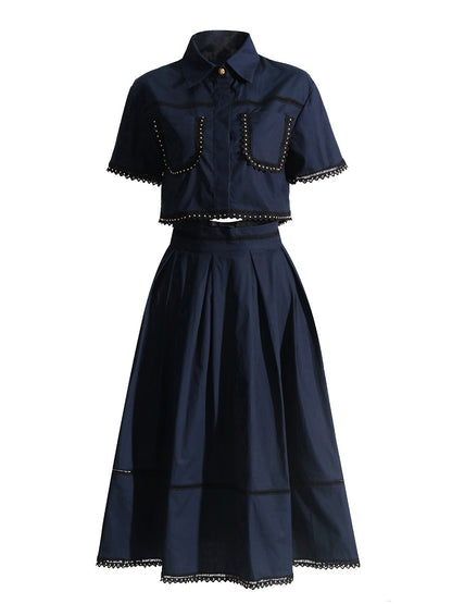 French Elegant Ruffled Shirt High Waist Midi A-Line Skirt Set