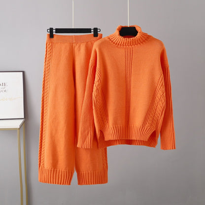 Turtleneck Pullover Thickened Knitting Sweater Casual Set Women Autumn Winter Loose Idle Wide Leg Pants Two Piece Set