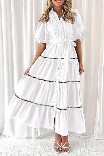 White Bubble Sleeve Layered Lace Pleated Maxi Dress
