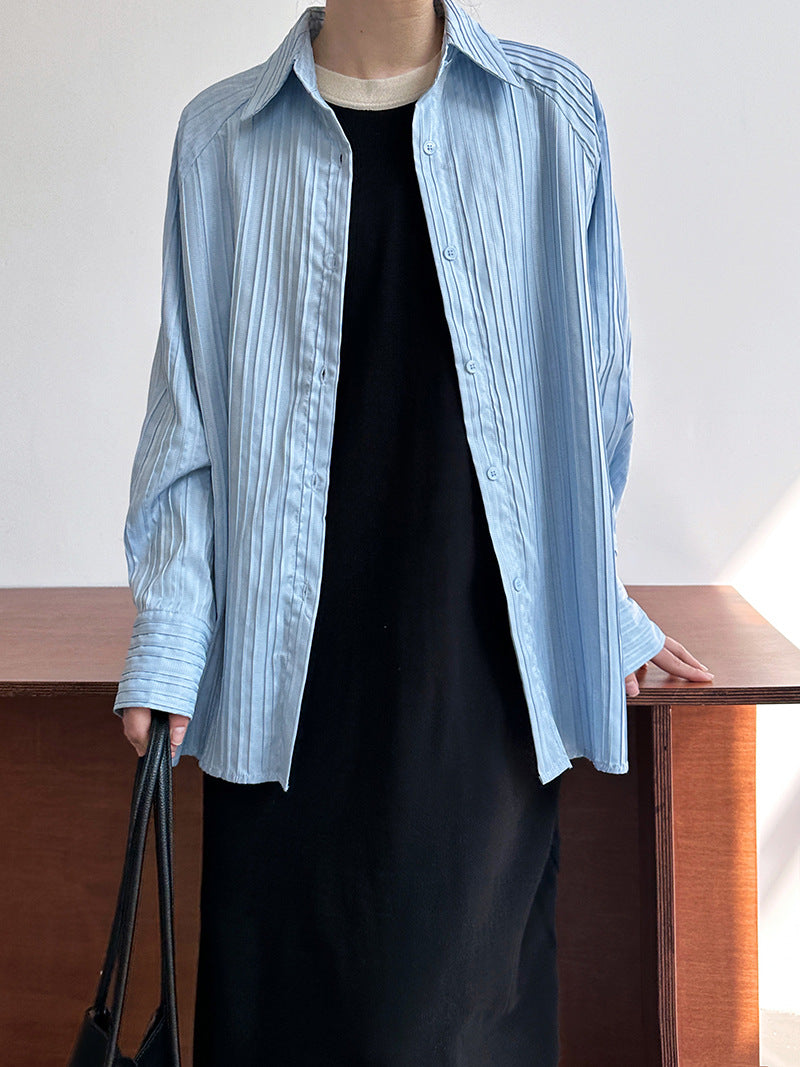 French Simplicity Loose Fitting Collared Pleated Shirt