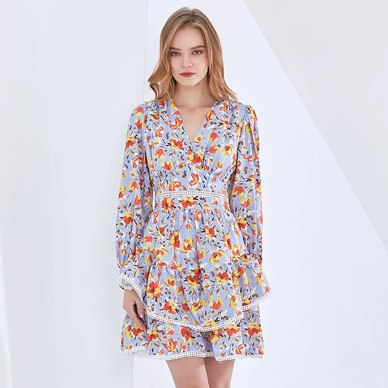 V Neck Long Sleeve High Waist Floral Mini Dress