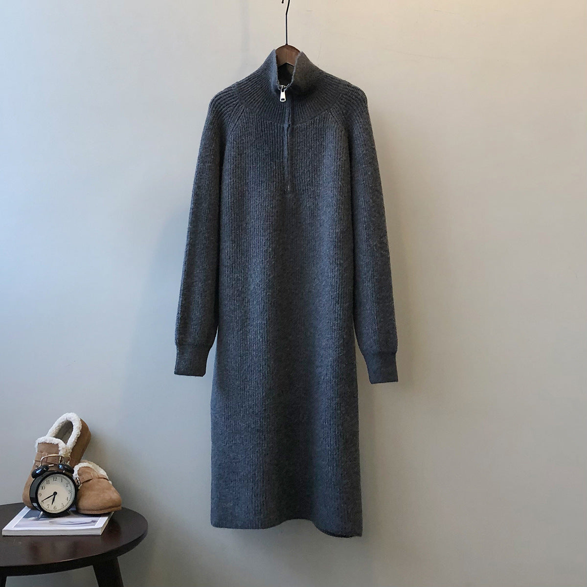Zipper Long Sleeve Knitted Dress Winter Base Ride Mid Length Sweater Dress