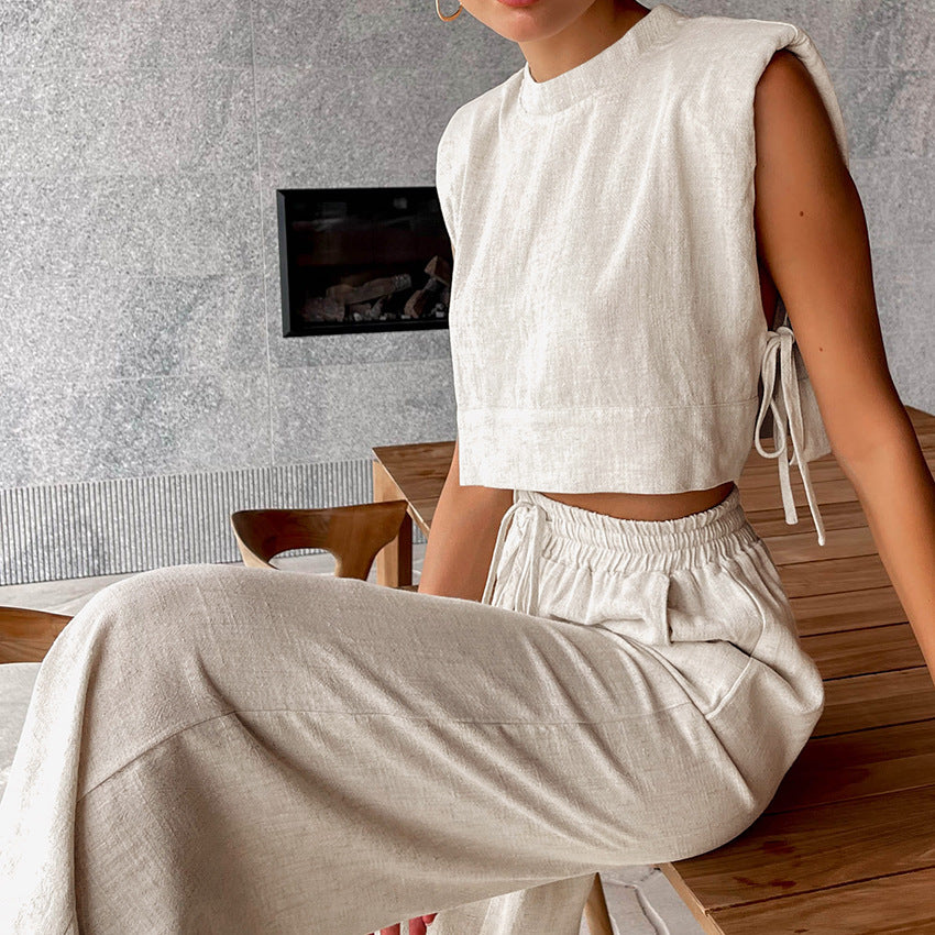 Padded Shoulder Sleeveless Top Trousers Two Piece Set