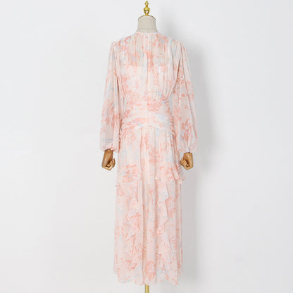 Floral Flounce Round Neck Long Sleeve Pleated Print Maxi Dress