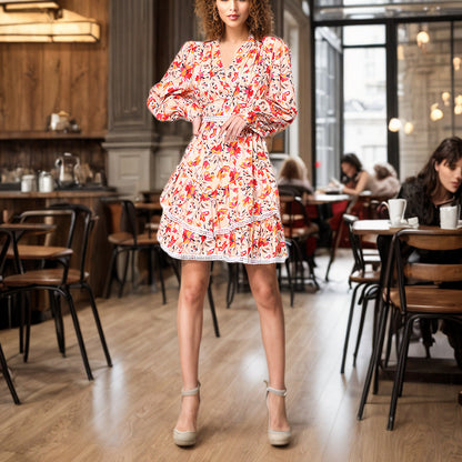 V Neck Long Sleeve High Waist Floral Mini Dress