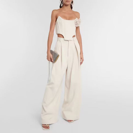 Tube Top Boning Corset Cropped  Wide Leg Pants Suit