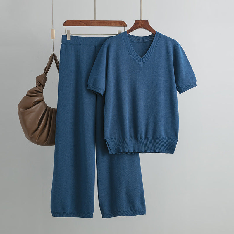 V Neck Knit Sweater Top & High Waist Casual Trousers Set