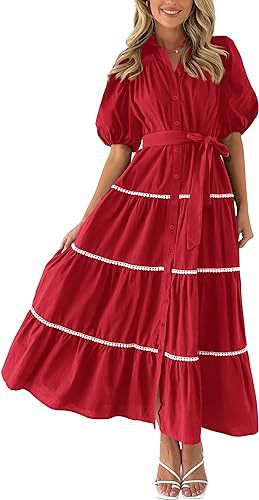 Red Bubble Sleeve Layered Lace Pleated Maxi Dress