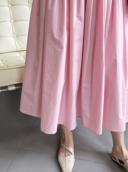 Pink High Waist Pleated Puffy A Line Skirt Mid Length Sweet Umbrella Skirt Women