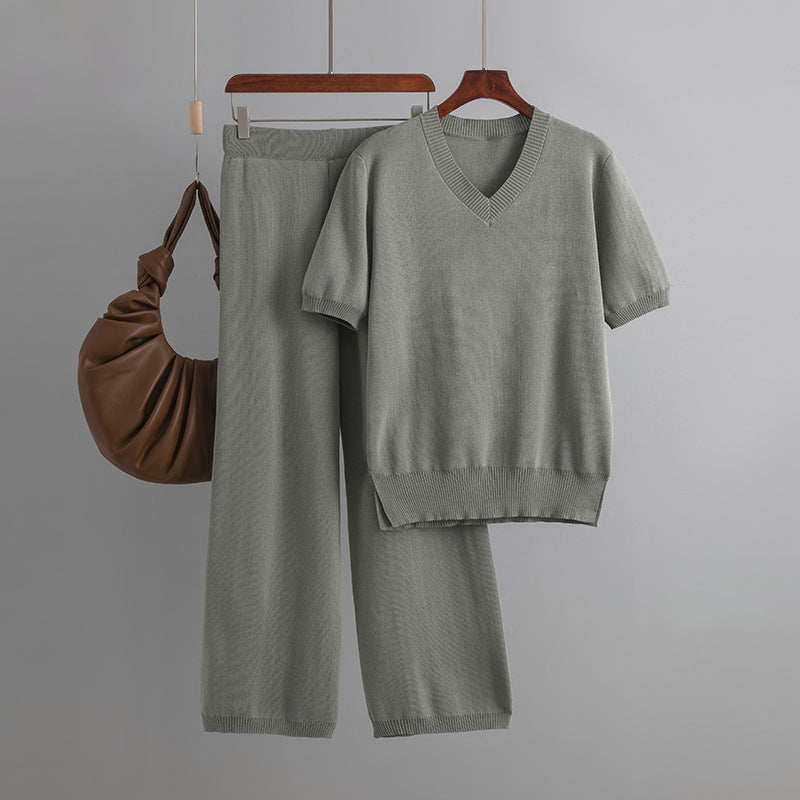 V Neck Knit Sweater Top & High Waist Casual Trousers Set