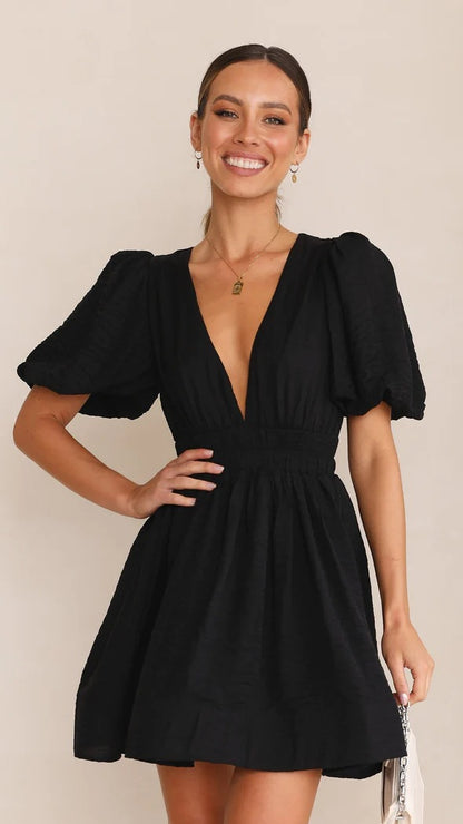 Summer Sweet Deep V Plunge Waist Slimming Pleated Puff Sleeve Dress