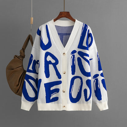 Letter Graphic Brocade Sweater Cardigan