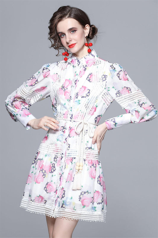 French Elegant Linen Print Stitching Lace Slim Dress