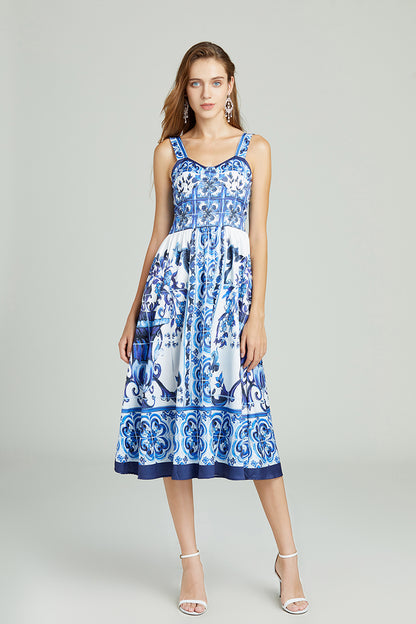 Blue & White Porcelain Retro High Waist Midi Dress