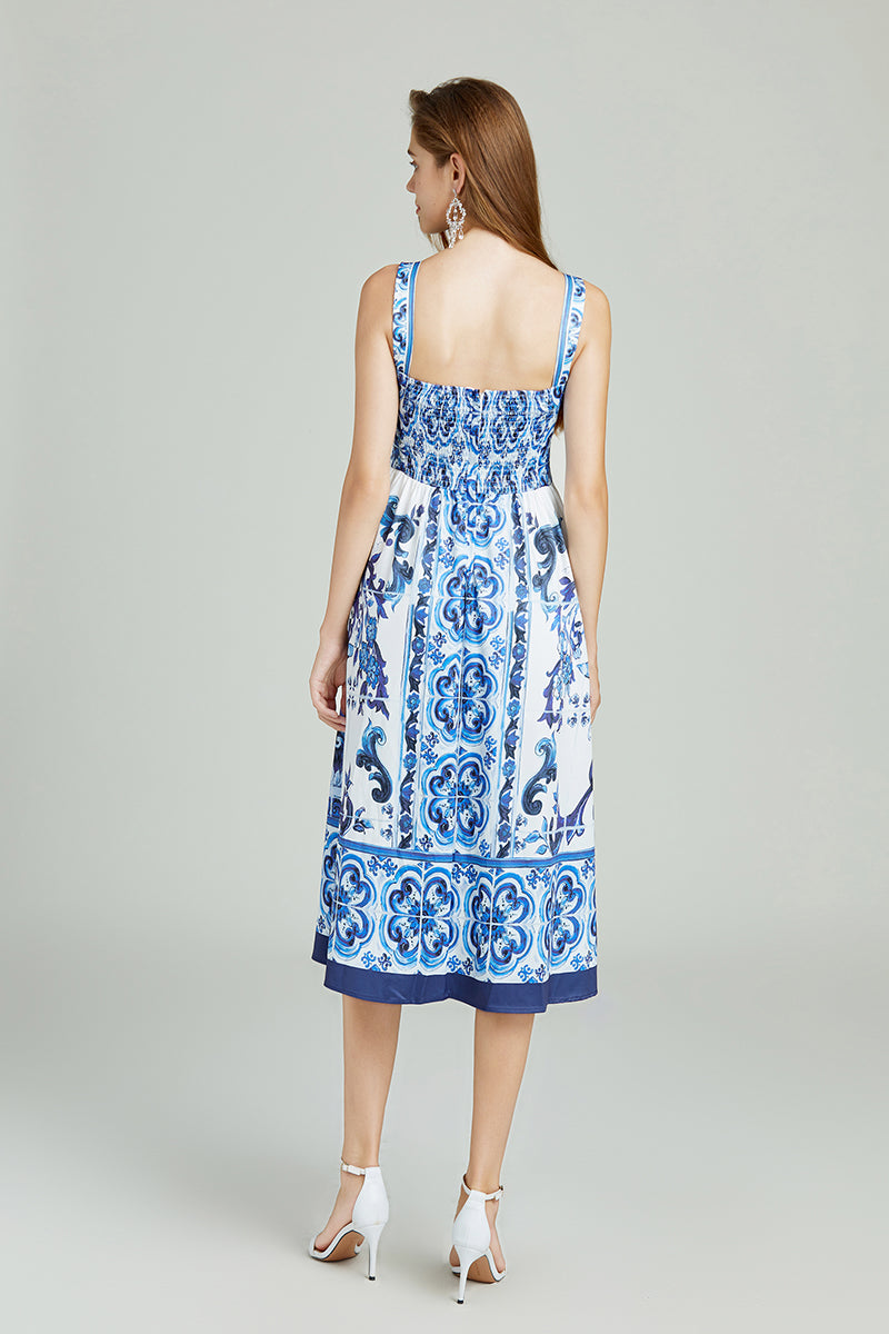 Blue & White Porcelain Retro High Waist Midi Dress