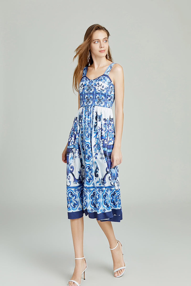 Blue & White Porcelain Retro High Waist Midi Dress