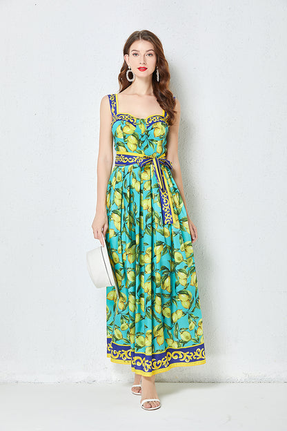 Green Sleeveless A Line Cami Lemons Maxi Dress