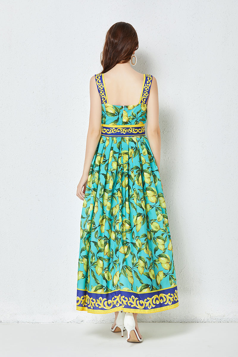 Green Sleeveless Lemons A Line Cami Maxi Dress