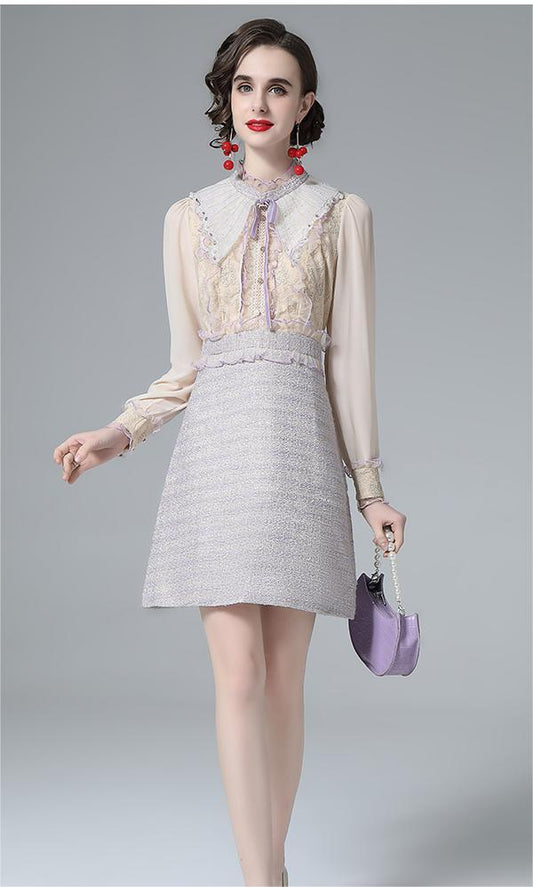 Mesh Embroidery Bead Stitch Long Sleeve A Line Dress