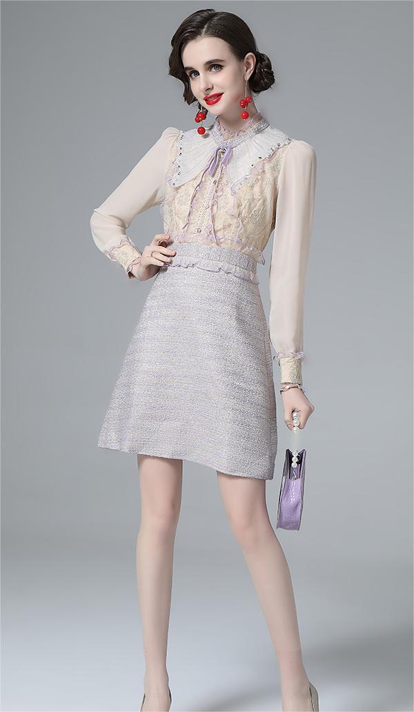 Mesh Embroidery Long Sleeve A Line Dress