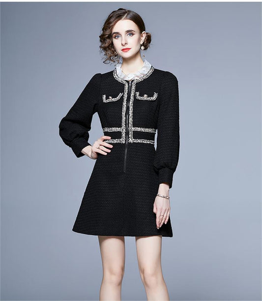 Black Tweed Lace Stand Collar Fleece Waist Dress