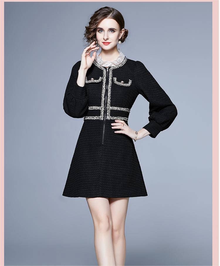 Black Tweed Lace Stand Collar Dress