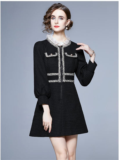 Black Tweed Lace Stand Collar Fleece Waist Dress