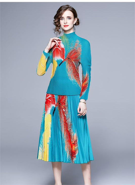 New Print Multicolor Feather Pleated Skirt Set Two Pieces