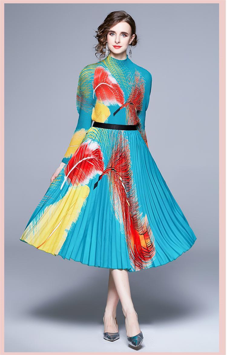 New Print Multicolor Feather Pleated Skirt Set Two Pieces