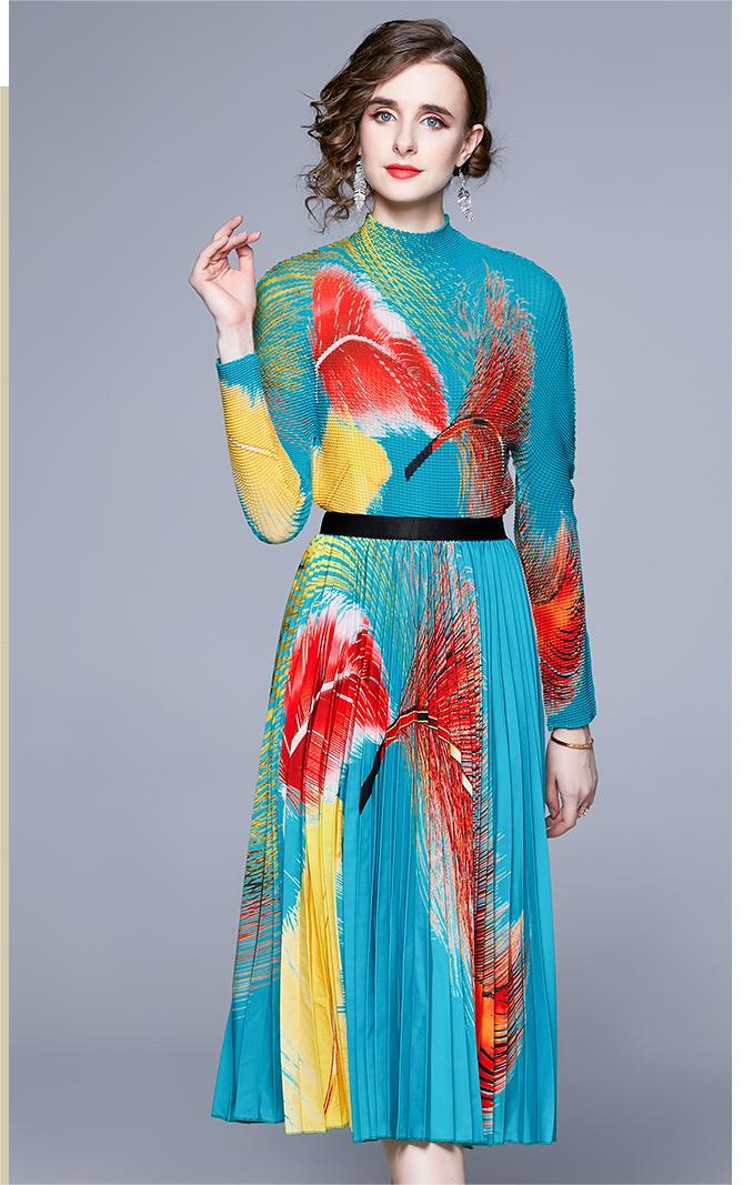 New Print Multicolor Feather Pleated Skirt Set Two Pieces