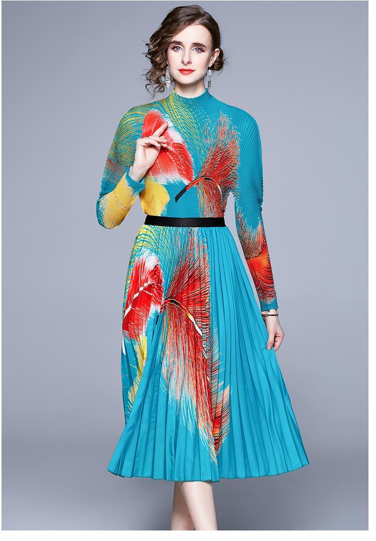 New Print Multicolor Feather Pleated Skirt Set Two Pieces