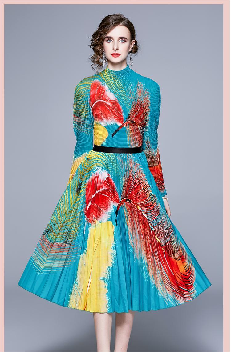 New Print Multicolor Feather Pleated Skirt Set Two Pieces