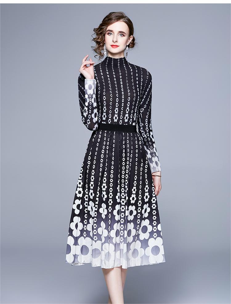 Black Long Sleeve Floral Two Piece Pleated Skirt Set