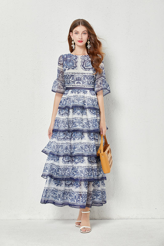 Blue And White Porcelain Print Tiered Maxi Dress