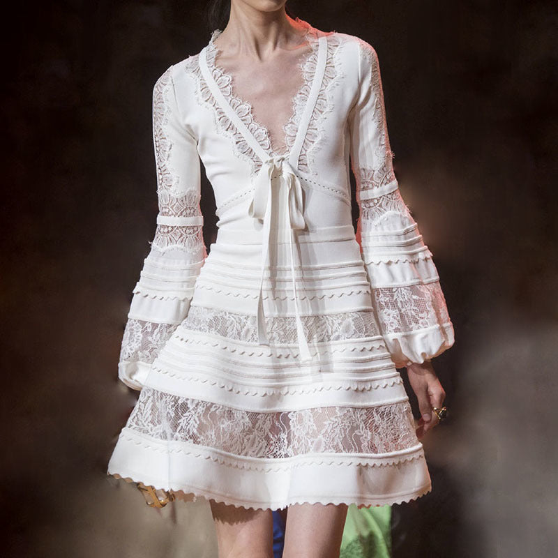 Handmade V Neck Lace Stitching Long Sleeve A Line Dress