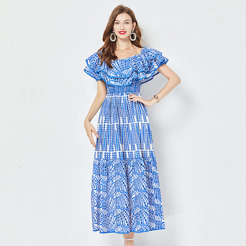 Sleeveless Embroidered Hollow Waist Ruffled Dress